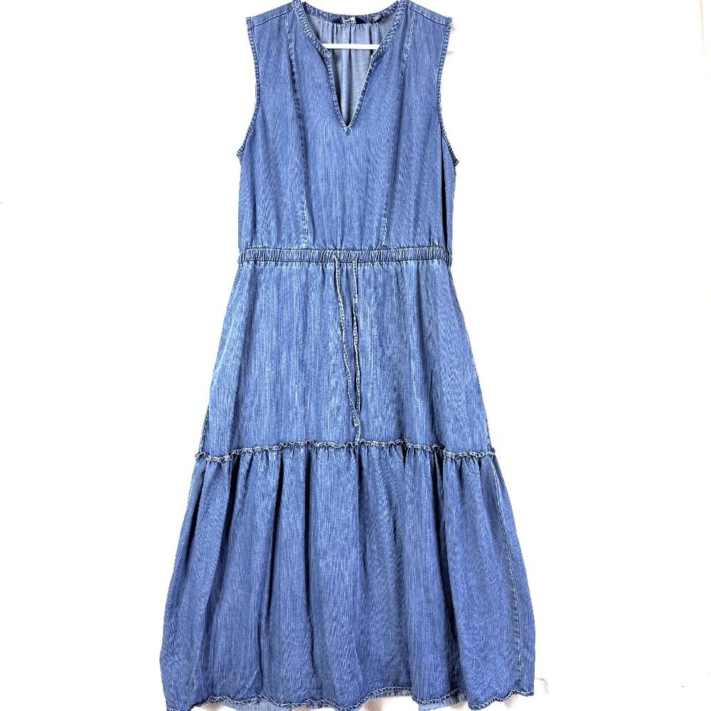 Lands End Tiered Split Neck Sleeveless Chambray Classic Resort Travel Midi M